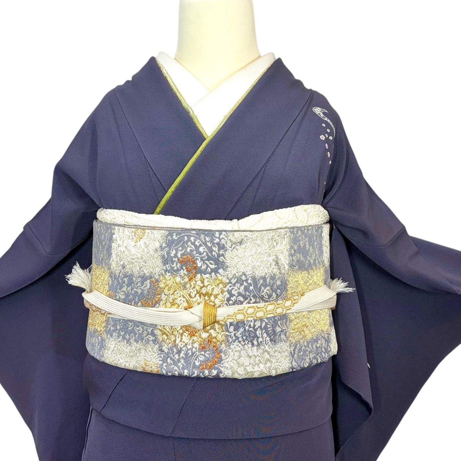 正絹 訪問着 フルセット】袷 深藍色 市松全通袋帯 帯揚げ 帯締め 重ね