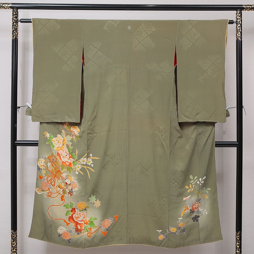 アンティーク 色留袖 (錦紗) 袷 身丈145cm 裄丈60cm 正絹 Bランク 一つ紋 広衿 XSサイズ 花鼓 緑系 RP 1214-07102