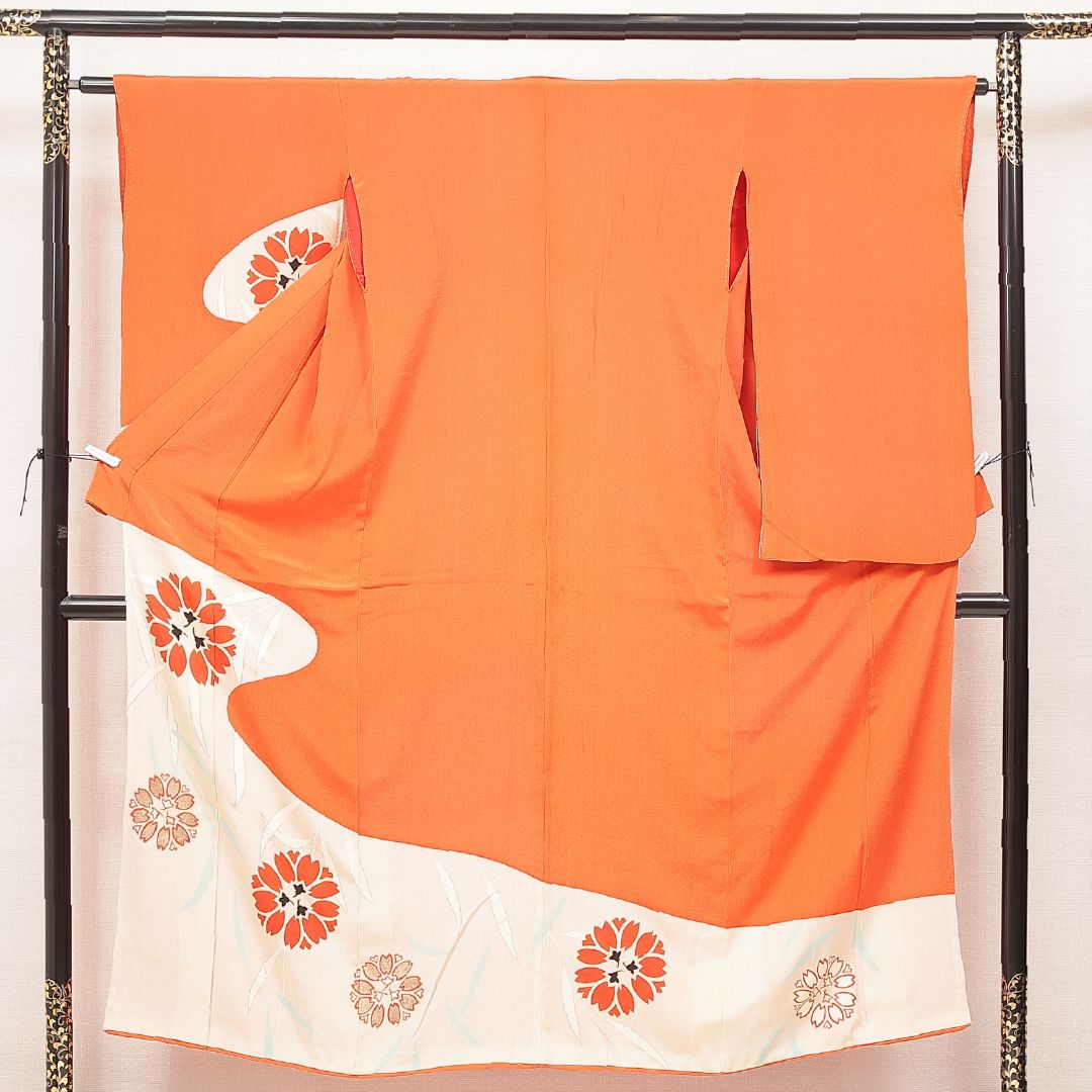 アンティーク 小振袖 袷 身丈151cm 裄丈62cm 正絹 Cランク バチ衿 Sサイズ 撫子 朱系 RP 1216-07109
