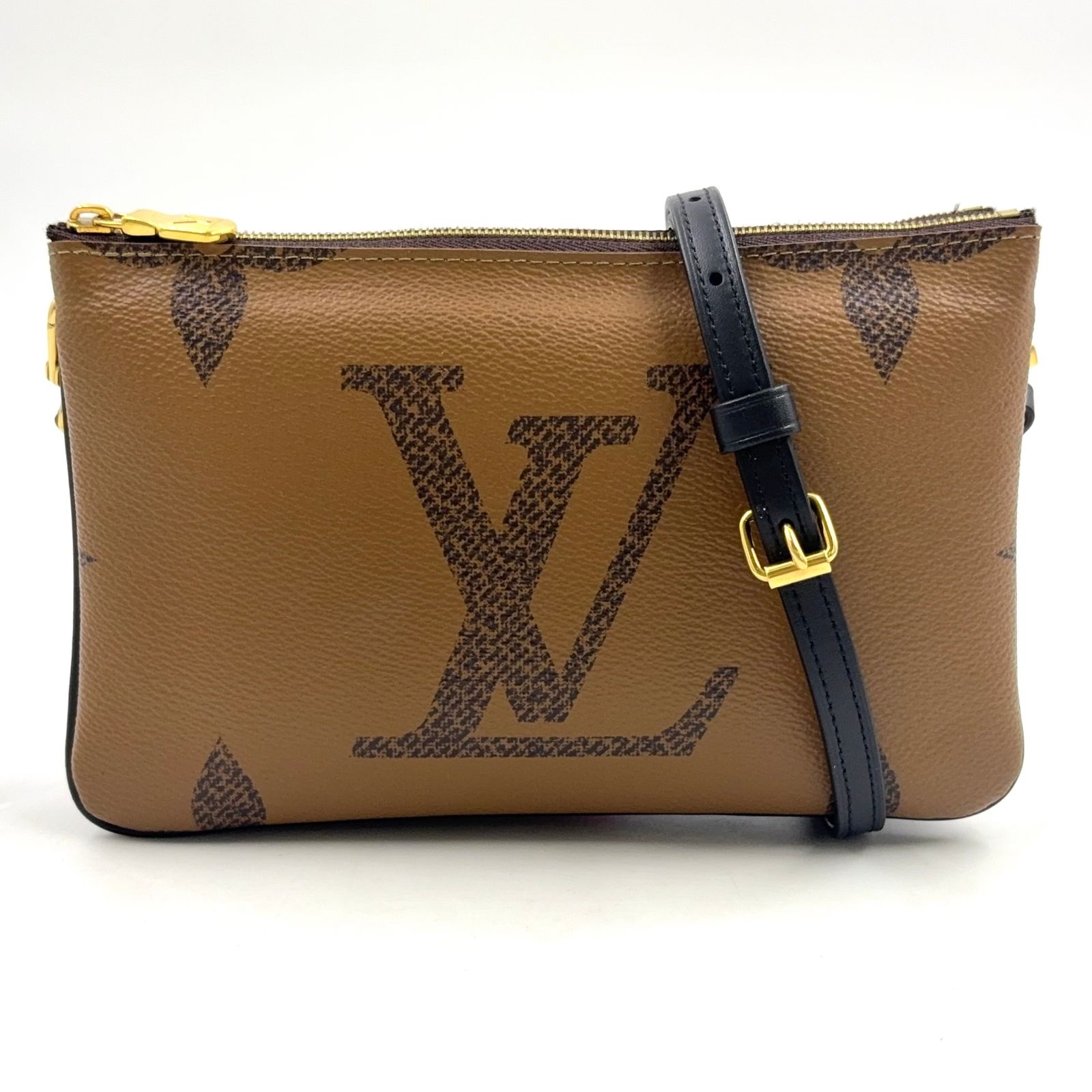【新着】LOUIS VUITTON ポシェット ドゥーブル ジップ モノグラムジャイアント モノグラムジャイアント リバース 鑑定書付き レザー、PVC ブラウン、ブラック ショルダーバッグ ゴールド M69203