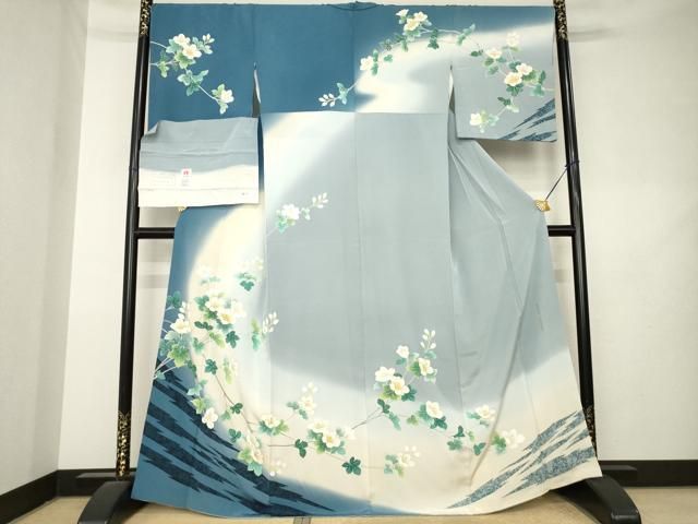 平和屋着物●訪問着　友禅　草花文　暈し染め　金彩　浜ちりめん　反端付き　正絹　逸品　AABL2017ck