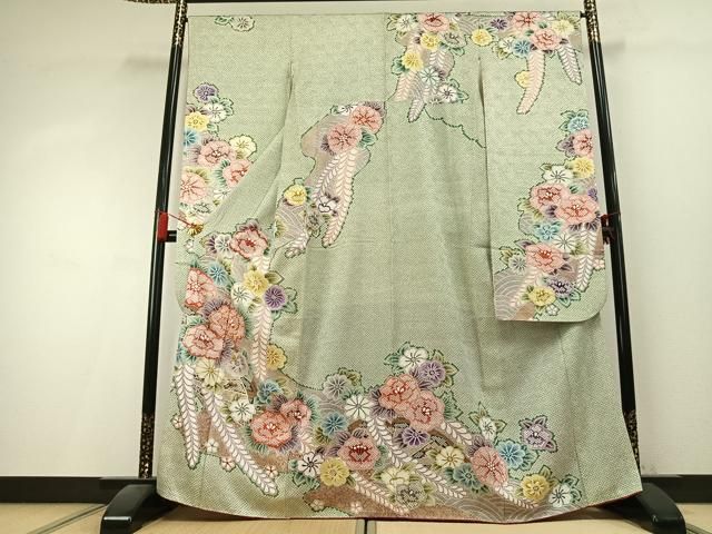 平和屋着物●豪華振袖　駒刺繍　草花文　金彩　正絹　逸品　AABK8024fy