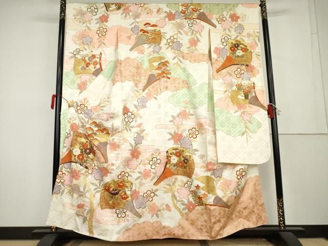 平和屋着物●豪華振袖　駒刺繍　扇面花文　金彩　正絹　逸品　AABL1128cs