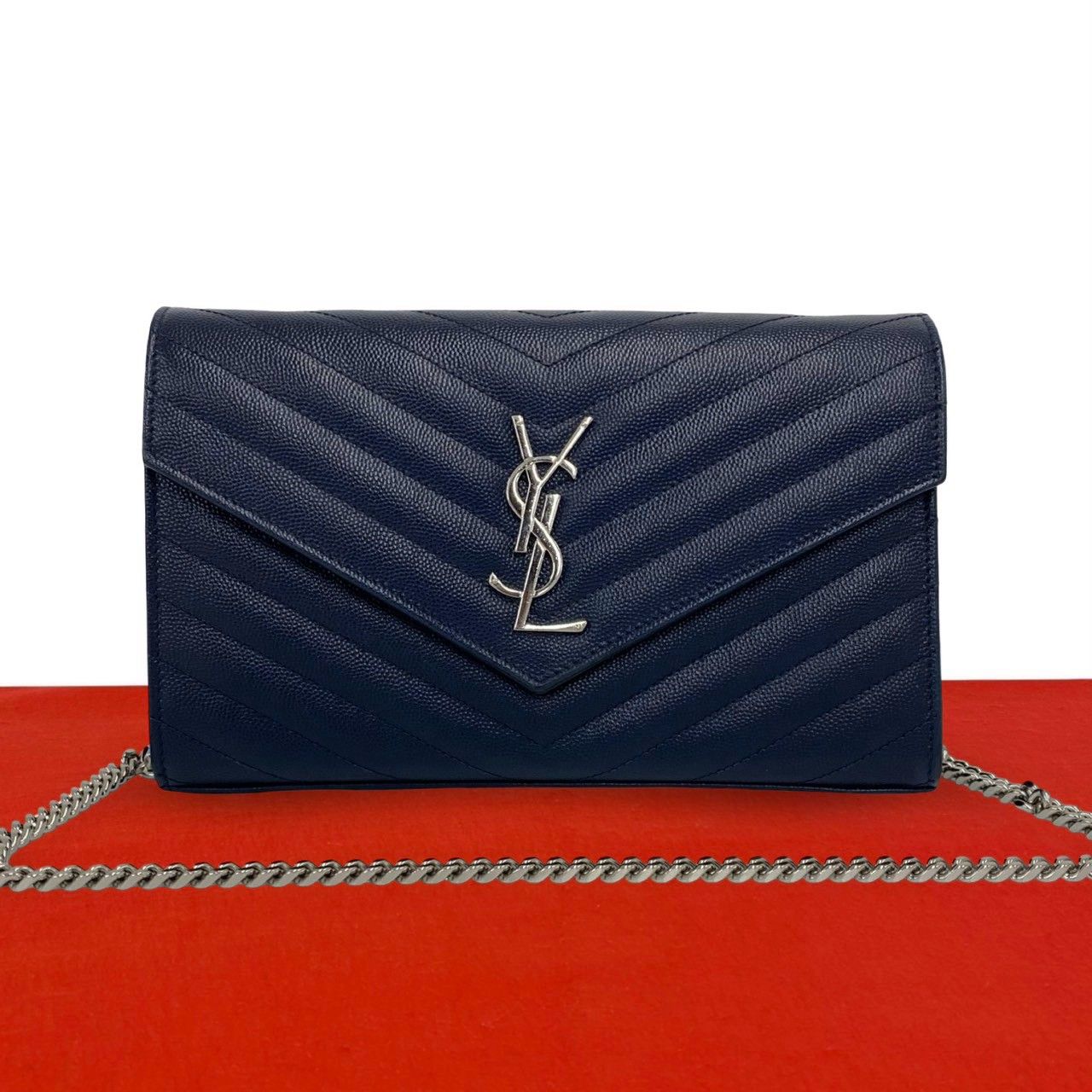極 美品 SAINT LAURENT PARIS サンローランパリ YSL カサンドラ ロゴ 金具 レザー 本革 チェーン ショルダーバッグ ネイビー 17502