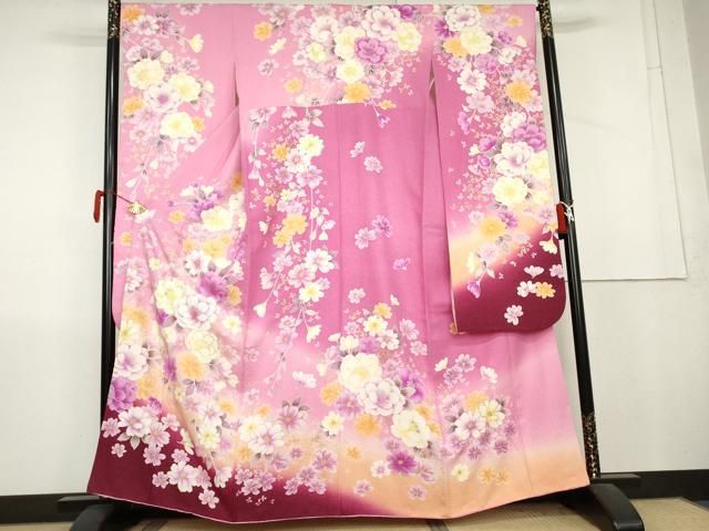 平和屋着物●豪華振袖　刺繍　枝垂れ花文　暈し染め　金糸　金彩　銀通し地　正絹　逸品　AABL1172cs