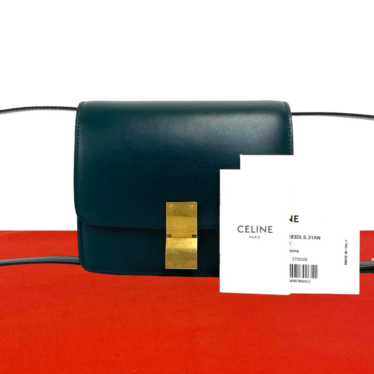 ほぼ未使用 CELINE セリーヌ クラシックボックス スモール レザー 本革 ミニ セミ ワン ショルダーバッグ サコッシュ グリーン 14874