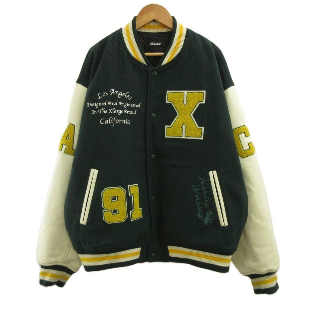 エクストララージ X-LARGE OGロゴ バーシティジャケット スタジャン ブルゾン ウール L 緑 グリーン ワッペン 長袖 リブ襟 101234021009 /PP ■GY19