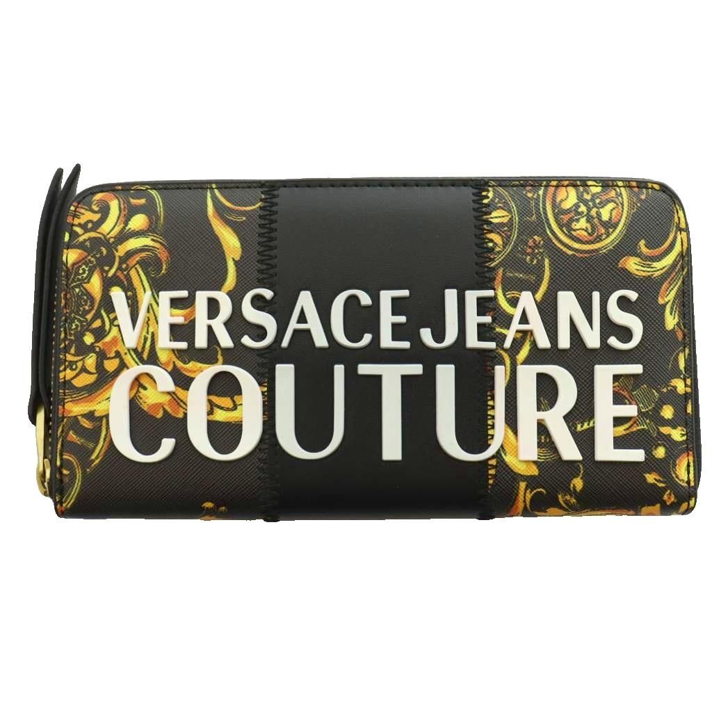 ヴェルサーチジーンズ VERSACE JEANS COUTURE レンジ 4 ストライプパッチワーク RANGE 4 STRIPE PATCHWORK 長財布 ロングウォレット ラウンドファスナー バロック柄 PUレザー ロゴ 黒 ブラック 黄色 イエロー