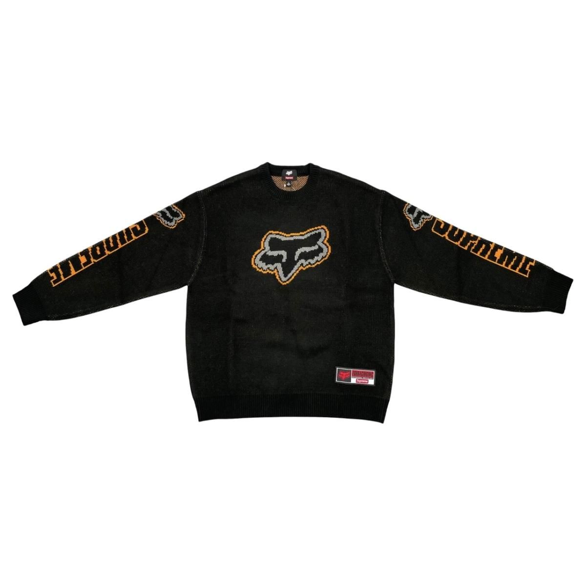 ☆シュプリーム×フォックスレーシングコラボ セーター ロゴ ニット Lサイズ アクリル ブラック オレンジ Sweater Supreme×Fox Racing