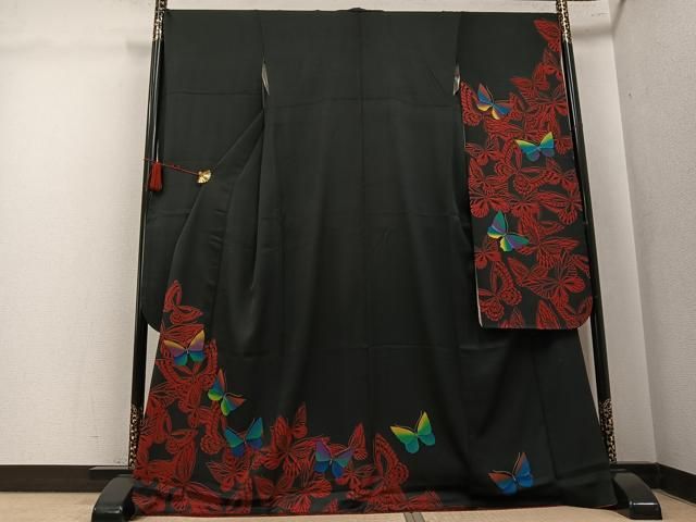平和屋着物●染色作家　斉藤三才　振袖　舞蝶文　黒地　ロング丈　正絹　逸品　AABL1311ph