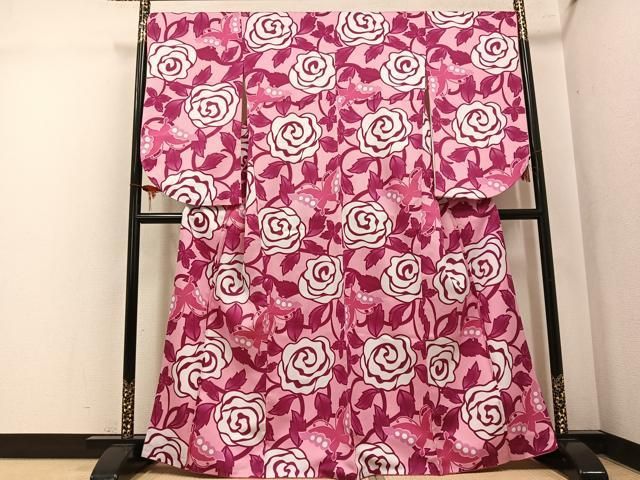 平和屋着物●小振袖　二尺袖　花蝶文　嘘つき襦袢　洗える着物　AABL1238ph