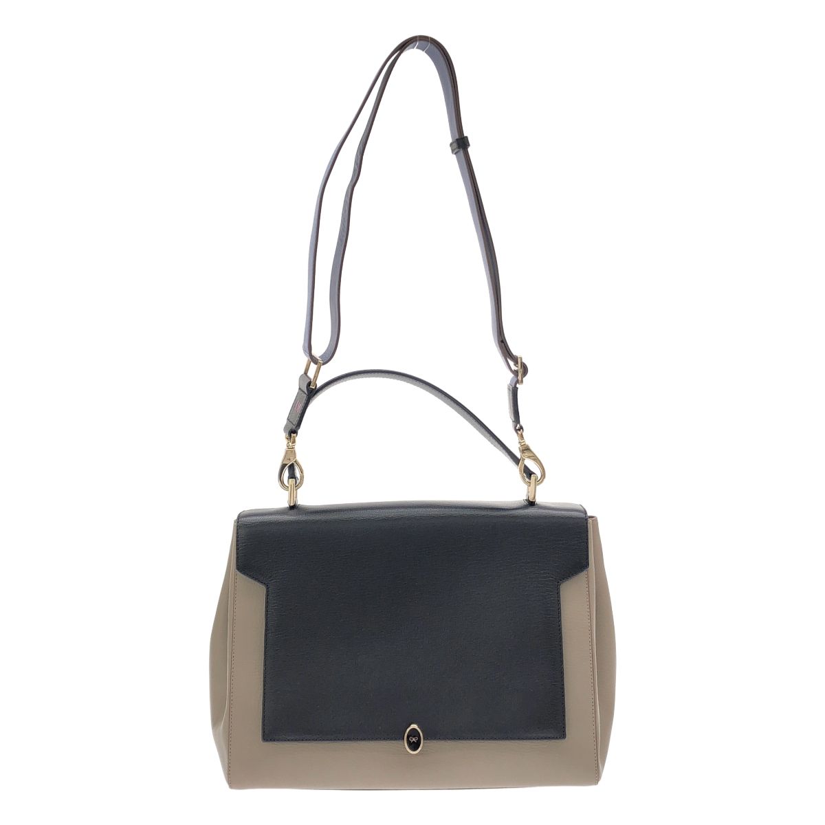 ANYA HINDMARCH アニヤ ハインドマーチ BATHURST BOW バサーストボウ 2WAYレザーハンドショルダーバッグ ブラック×ベージュ