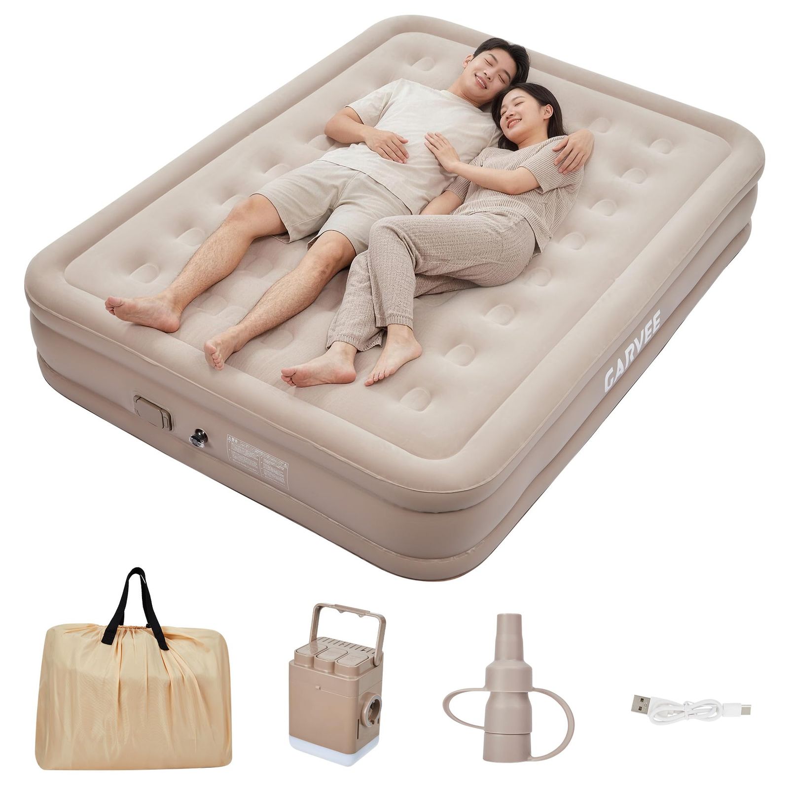 ガービー(Garvee)エアーベッド ダブル 幅150×200cm 厚さ40cm 電動ポンプ内蔵 自動膨張 ワンタッチ エアーマット | Type-C充電式 コンパクト 折り畳み 簡易ベッド 来客用 アウトドア お花見 キャンプ 車中泊 防災 収納バッグ付き