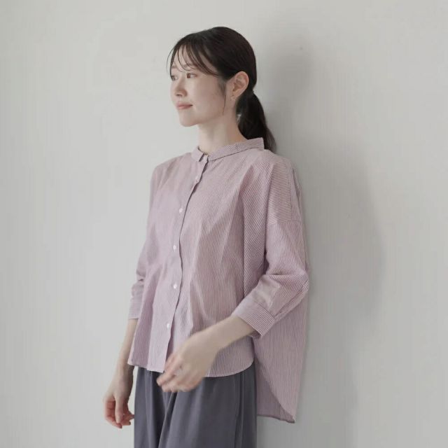 HUIS (ハウス) | 8分袖なめらかコットンワイドブラウス (enji stripe