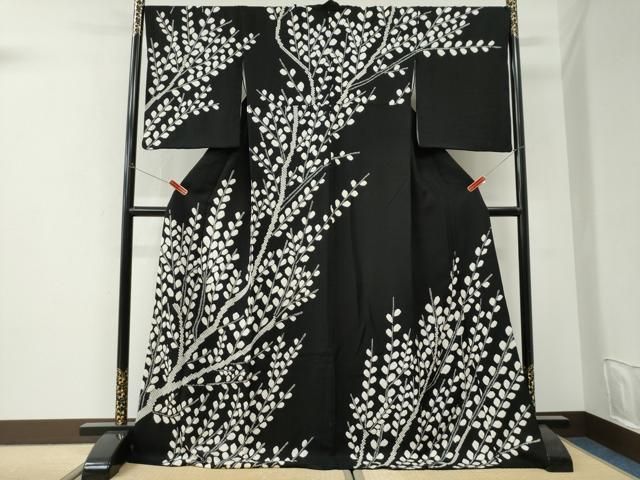 平和屋着物●訪問着　枝葉文　黒地　ロング丈　正絹　逸品　CABI3330yc