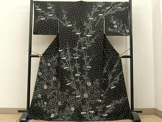 平和屋着物●訪問着　総絞り　笹花文　黒地　正絹　逸品　BAAY3769hj