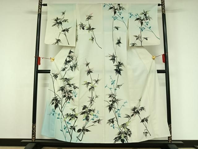平和屋着物▽訪問着　単衣　手描き　枝葉文　暈し染め　金銀彩　洗える着物　AABJ9681jh