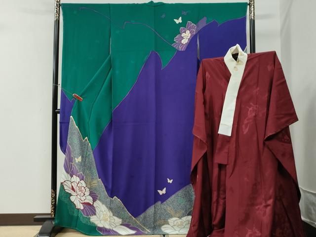 平和屋着物●森英恵・HANAE MORI　振袖・長襦袢セット　牡丹舞蝶文　金彩　正絹　逸品　未使用　CABI2233yc