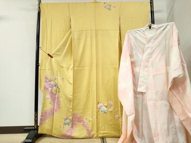 平和屋着物●豪華振袖・長襦袢セット　駒刺繍　舞桜文　暈し染め　金通し地　正絹　逸品　CABI2234yc