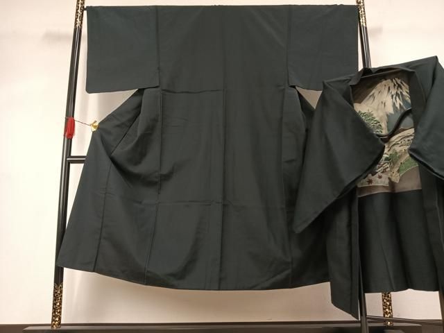 平和屋着物●男性　お召　アンサンブル　霞文　黒地　正絹　逸品　AABJ4274fy