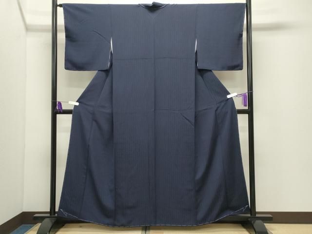 平和屋着物○上質な色無地 よろけ縞地紋 濃藍色 正絹 逸品 未使用