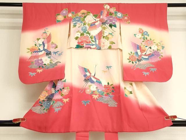 平和屋着物[]七五三　女の子　３歳　祝着　三つ身　飛鶴牡丹文　暈し染め　金彩　逸品　AABJ5301ja