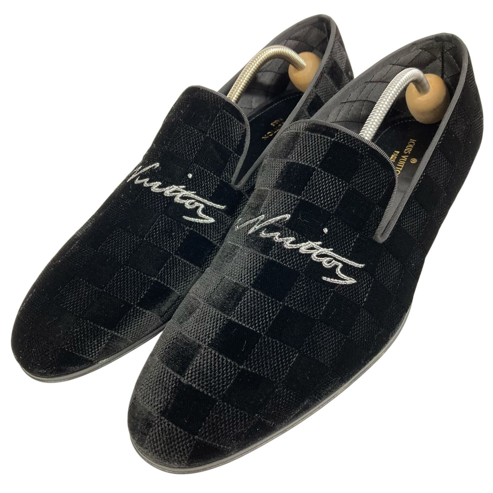 未使用【ルイヴィトン】本物 LOUIS VUITTON 靴 26.5cm オートゥイユライン ダミエ ローファー スリッポン シューズ ベロア メンズ 伊製 8 L