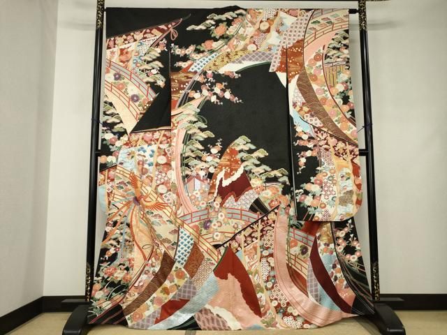 平和屋着物●豪華振袖 駒刺繍 吉祥几帳花鳥文 金彩 正絹 逸品 AABJ4927ck