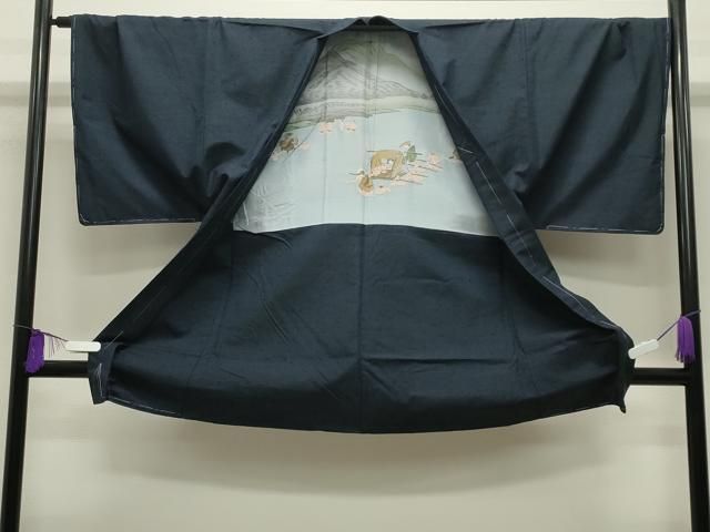 平和屋着物○男性 本場真綿絢結城紬・髭紬羽織セット 色無地 鉄紺色