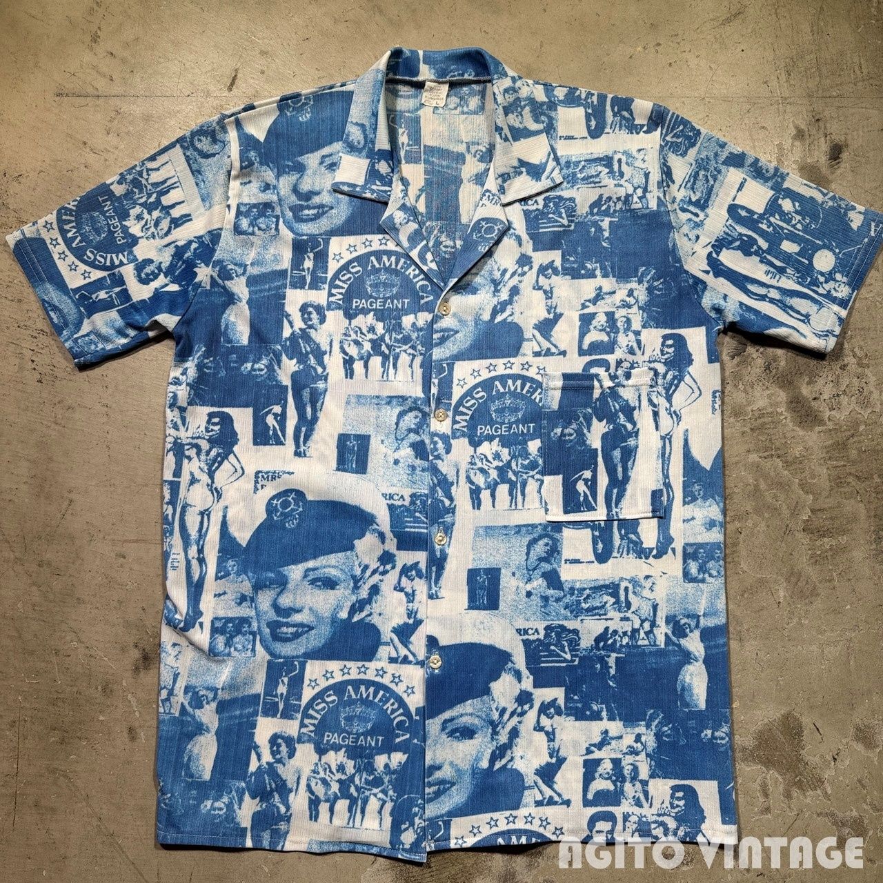 70's~ Unknown S/S コラージュアートシャツ 1950'sアメリカンカルチャー柄 マリリン・モンロー ポリエステル M~L相当