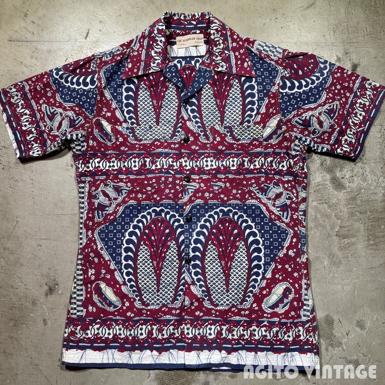 ～50's THE BERMUDA SHOP バミューダショップ S/S プリントコットンオープンカラーシャツ バティック 猫目ボタン Mサイズ