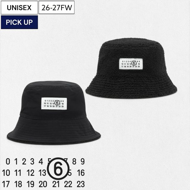 【定価35,200円(税込)】MM6 Maison Margiela エムエムシックス メゾンマルジェラ 柔らかな印象を与えるテディフリースとナイロンを組み合わせた2WAY！ナンバリングタグリバーシブルバケットハット カレンダーロゴ キャップ 帽子 ブラック
