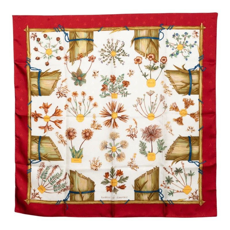 エルメス カレ90 Harbier de Gavarnie カヴァルニー圏谷の押し花 スカーフ レッド ホワイト シルク レディース HERMES【1-0279429】