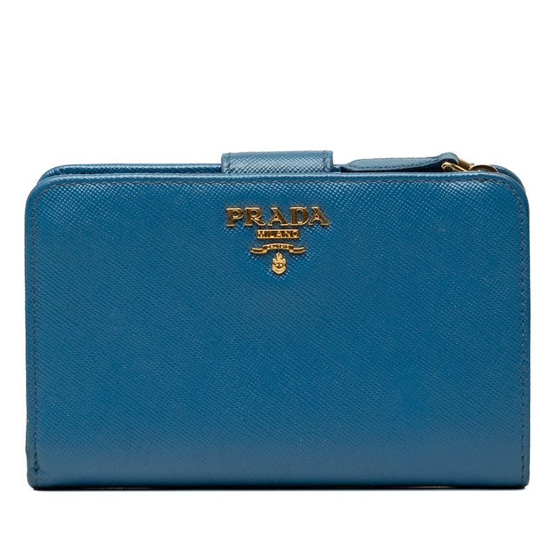 プラダ ロゴ 二つ折り財布 ブルー サフィアーノレザー レディース PRADA【1-0281122】