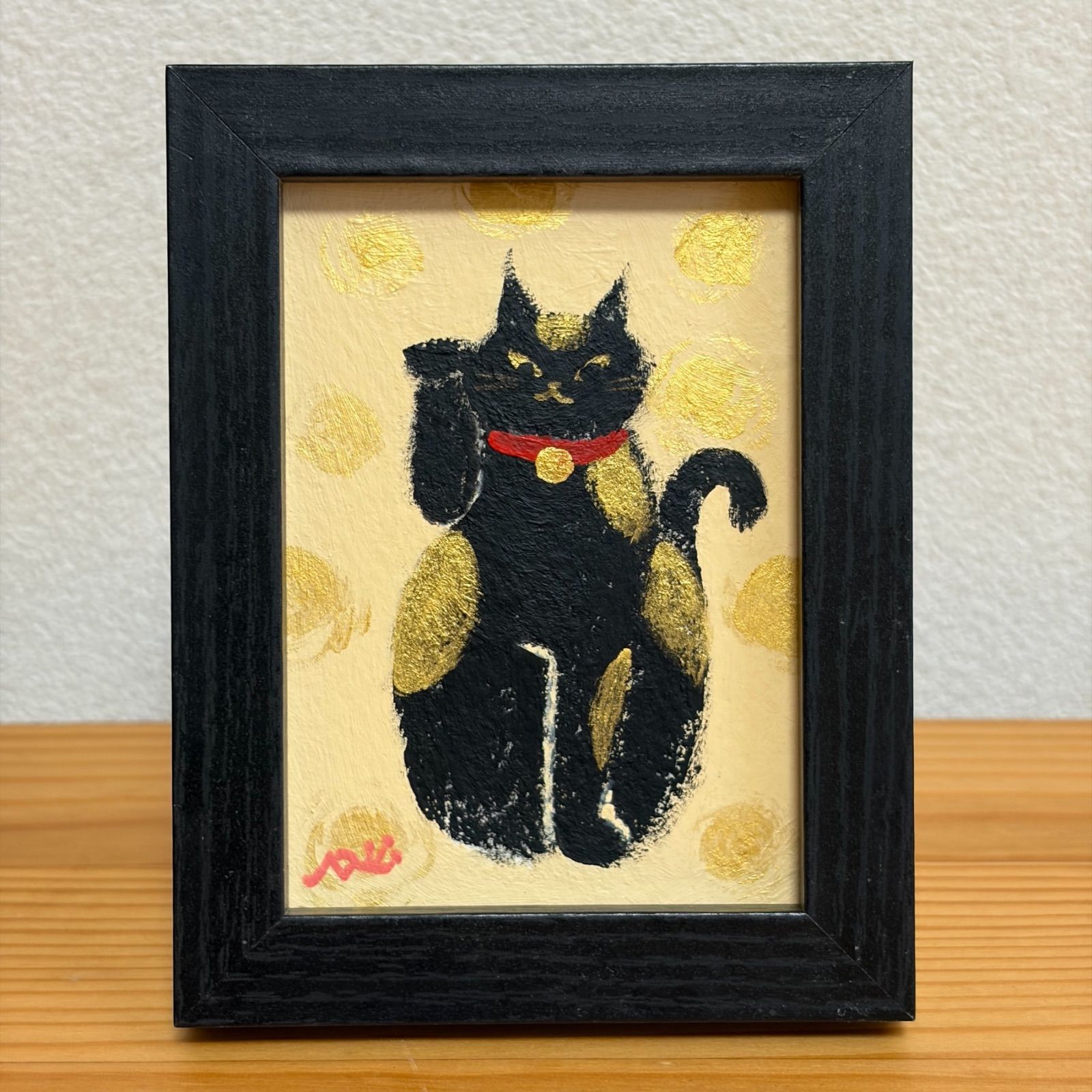アクリル画 手描き 原画 招き猫 猫の絵 額付き 縁起物 アート