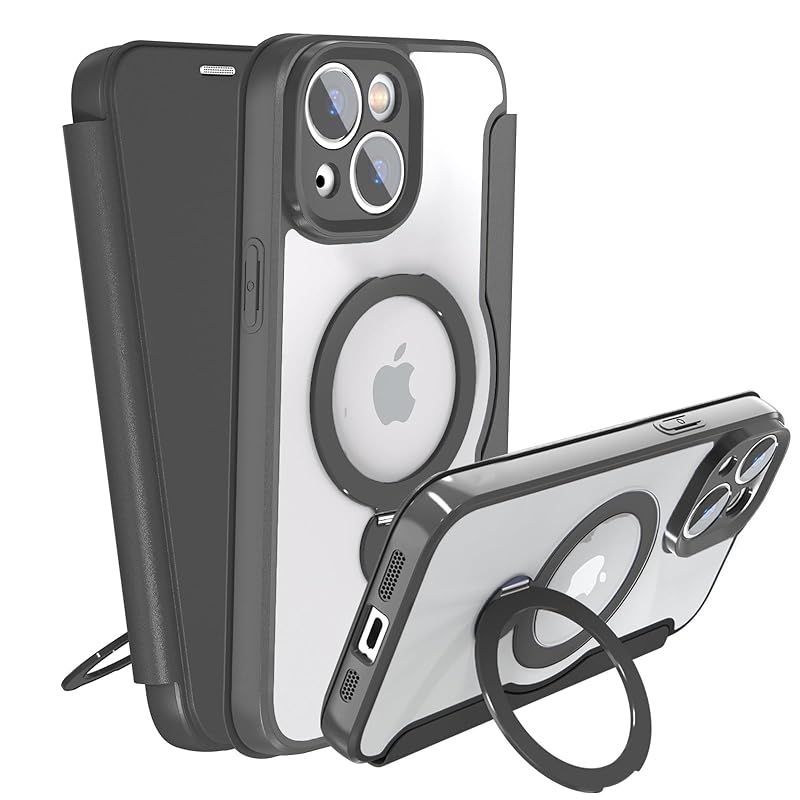 【新品】 IIKAYO iPhone 14 用 ケース 手帳型 カード収納 背面クリア MagSafe対応 リング付き 360°回転スタンド軽い 薄型 耐衝撃 全面保護 縦横両対応 レザー素材 マグセーフ対応 おしゃれ 黒 6,379円