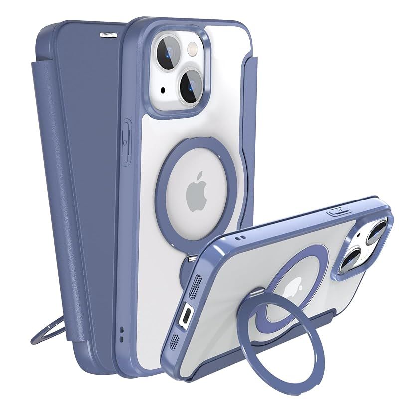 【新品】 IIKAYO iPhone 15 用 ケース 手帳型 カード収納 背面クリア MagSafe対応 リング付き 360°回転スタンド軽い 薄型 耐衝撃 全面保護 縦横両対応 レザー素材 マグセーフ対応 おしゃれ 青 6,719円