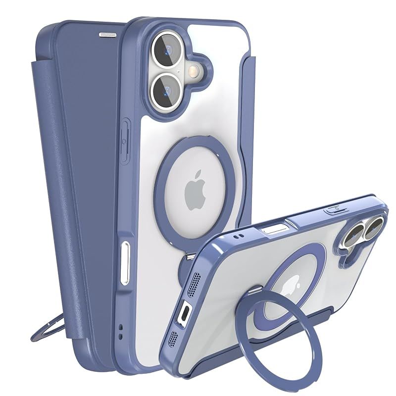 【新品】 IIKAYO iPhone 16 用 ケース 手帳型 カード収納 背面クリア MagSafe対応 リング付き 360°回転スタンド軽い 薄型 耐衝撃 全面保護 縦横両対応 レザー素材 マグセーフ対応 おしゃれ 青 6,719円