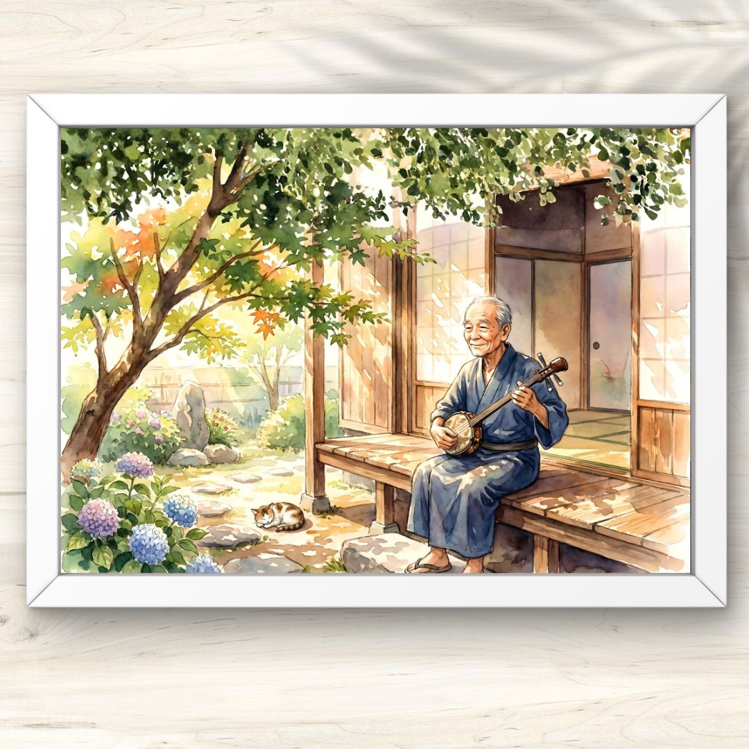 0001500 A3 木陰で本を読む時間 水彩画 読書 木陰 庭 静かな時間
