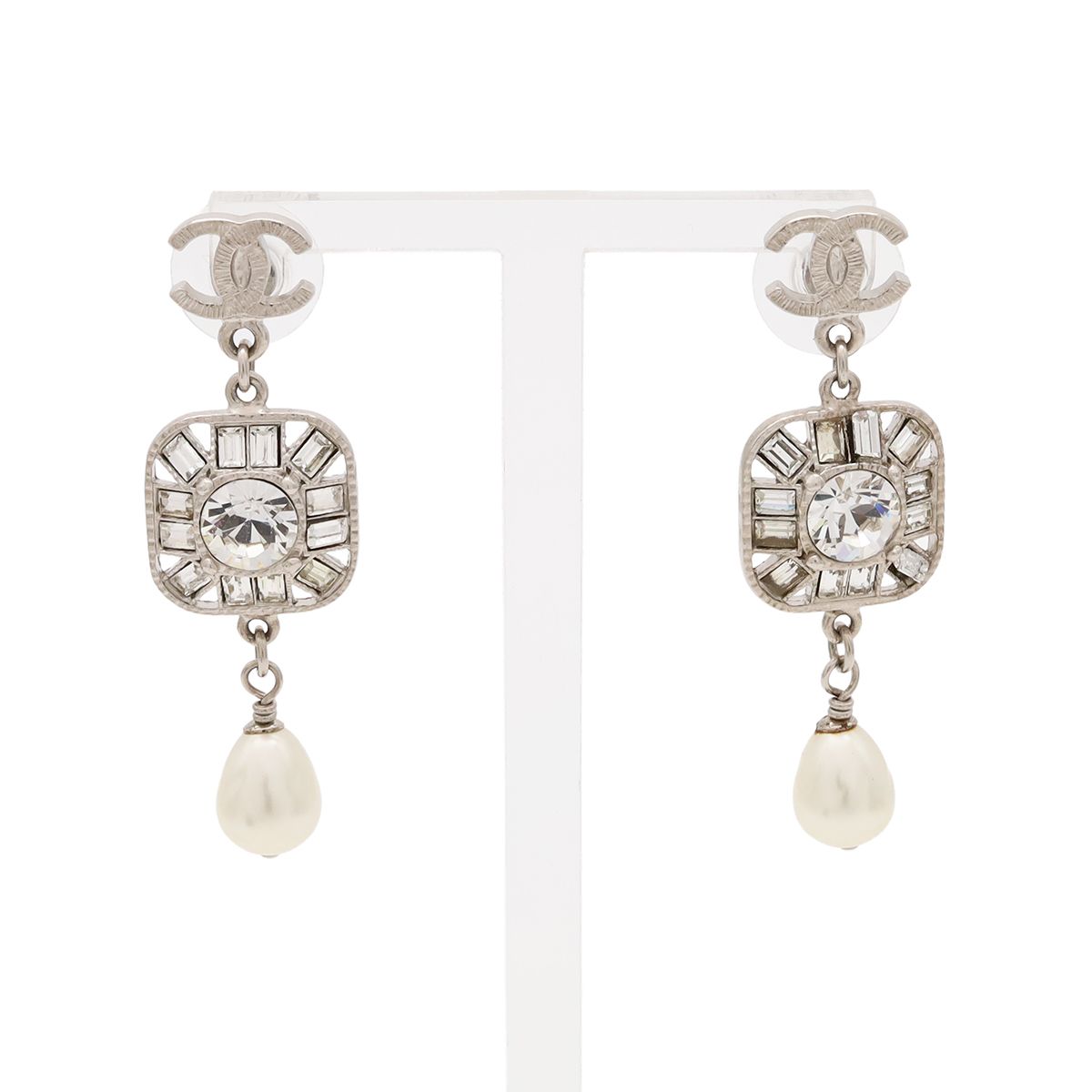 CHANEL シャネル ココマーク ビジュー パールピアス スイングピアス メタル フェイクパール シルバー ホワイト 09P