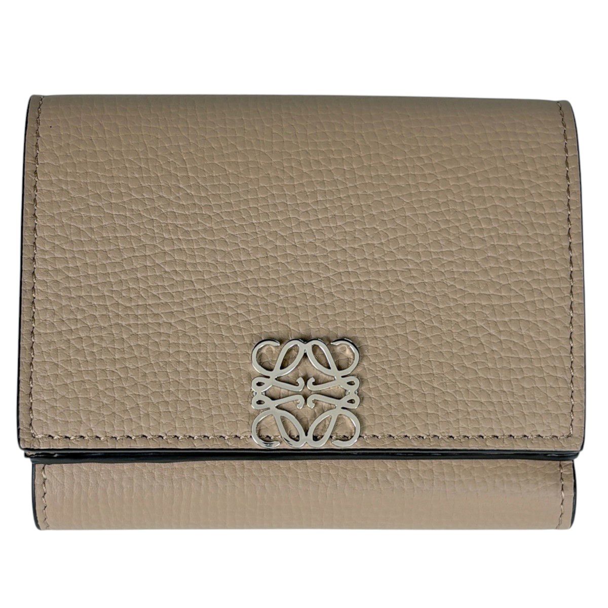 ロエベ LOEWE 三つ折り財布 アナグラム トライフォールド ウォレット レザー グレージュ レディース 【中古】