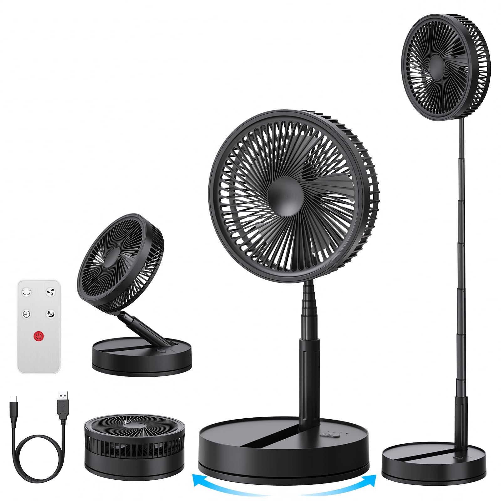 ☆新品☆折りたたみ扇風機 黒 USB充電式8000mAhバッテリー 首振り静音