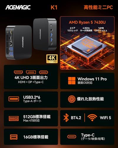 ACEMAGIC ミニpc ryzen 5 7430U 最大4.3GHz 16GB RAM+512GB M.2 SSD