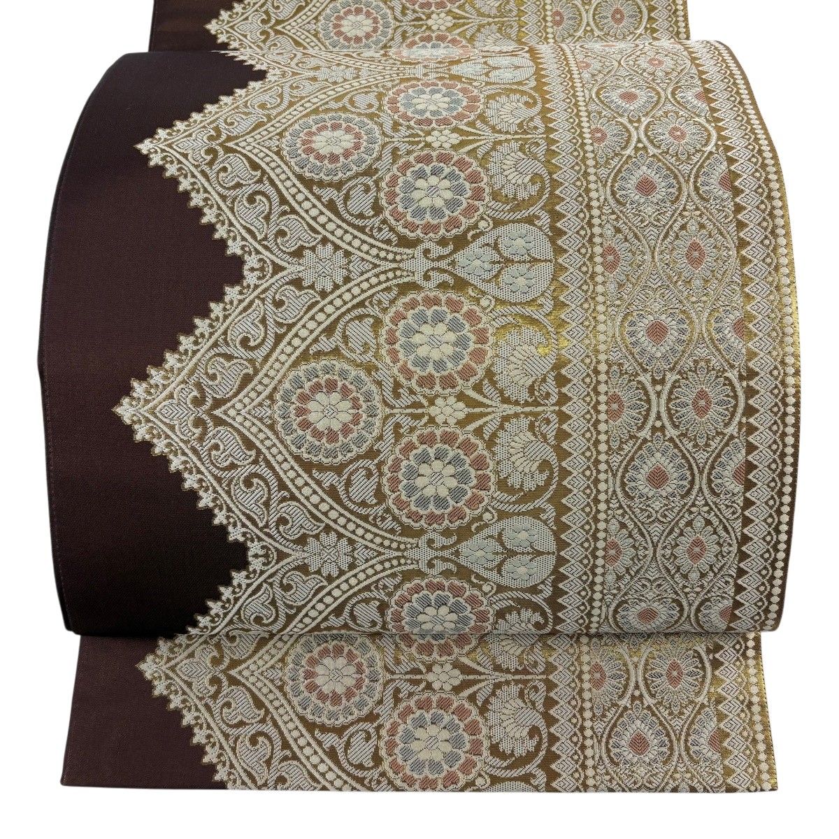 【美品】 袋帯 名品 西陣織 草花 立涌 箔 茶色 全通 正絹 【中古】