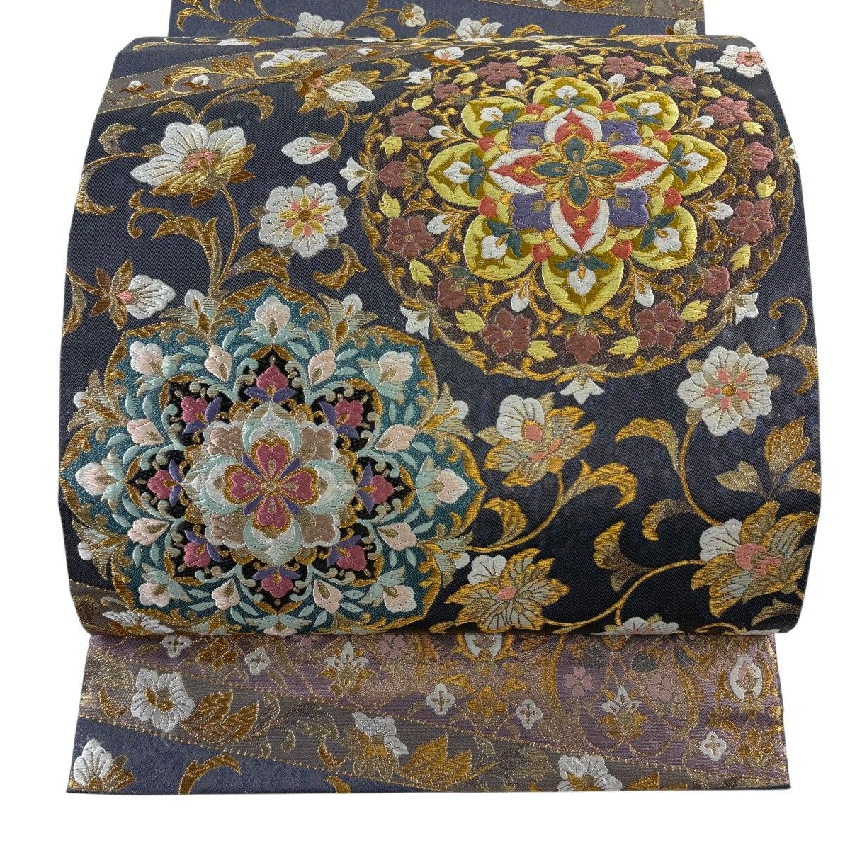 【美品】 袋帯 秀品 宝華金映文 華文 花唐草 唐織 金糸 紫 六通 正絹 【中古】 6,424円