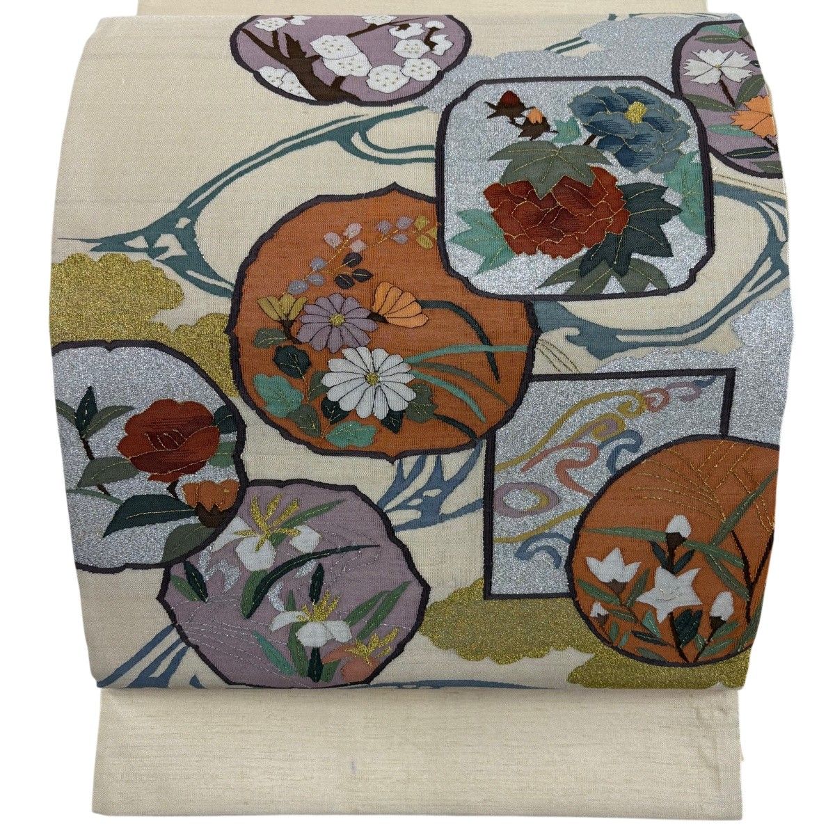 袋帯 逸品 枝花 草花 金糸 箔 薄茶色 お太鼓柄 正絹 【中古】