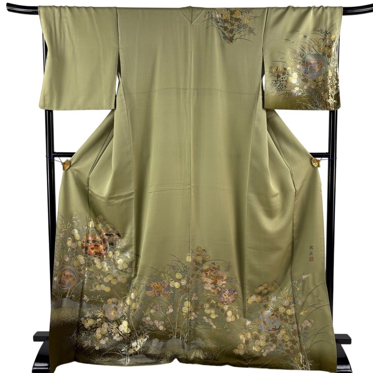 【美品】 訪問着 身丈169.5cm 裄丈69.5cm L 袷 落款 花丸文 菊 金銀彩 ぼかし 灰緑 正絹 名品 【中古】