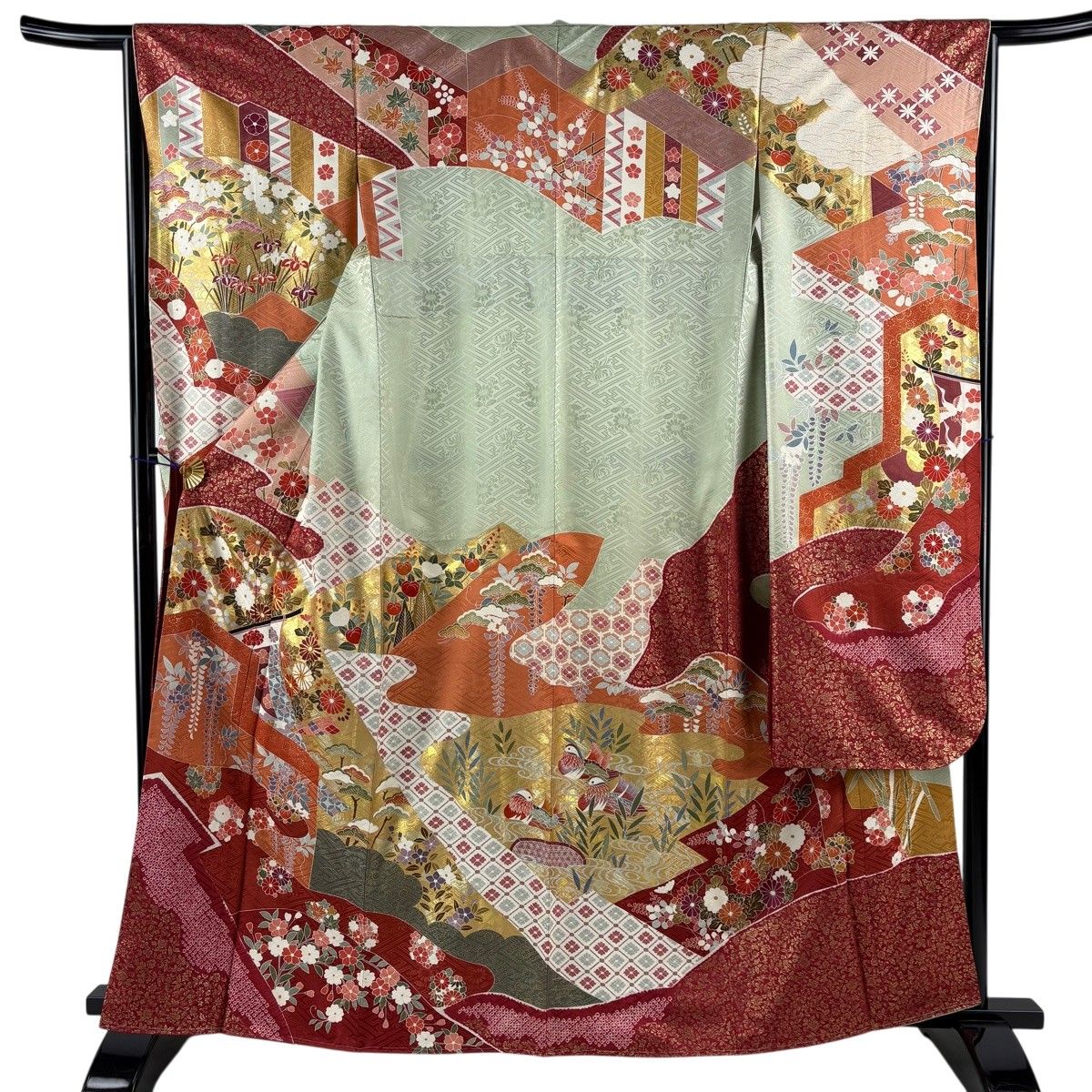 振袖 身丈162.5cm 裄丈65cm M 袷 菊 几帳 金彩 金糸 薄緑 正絹 名品 【中古】