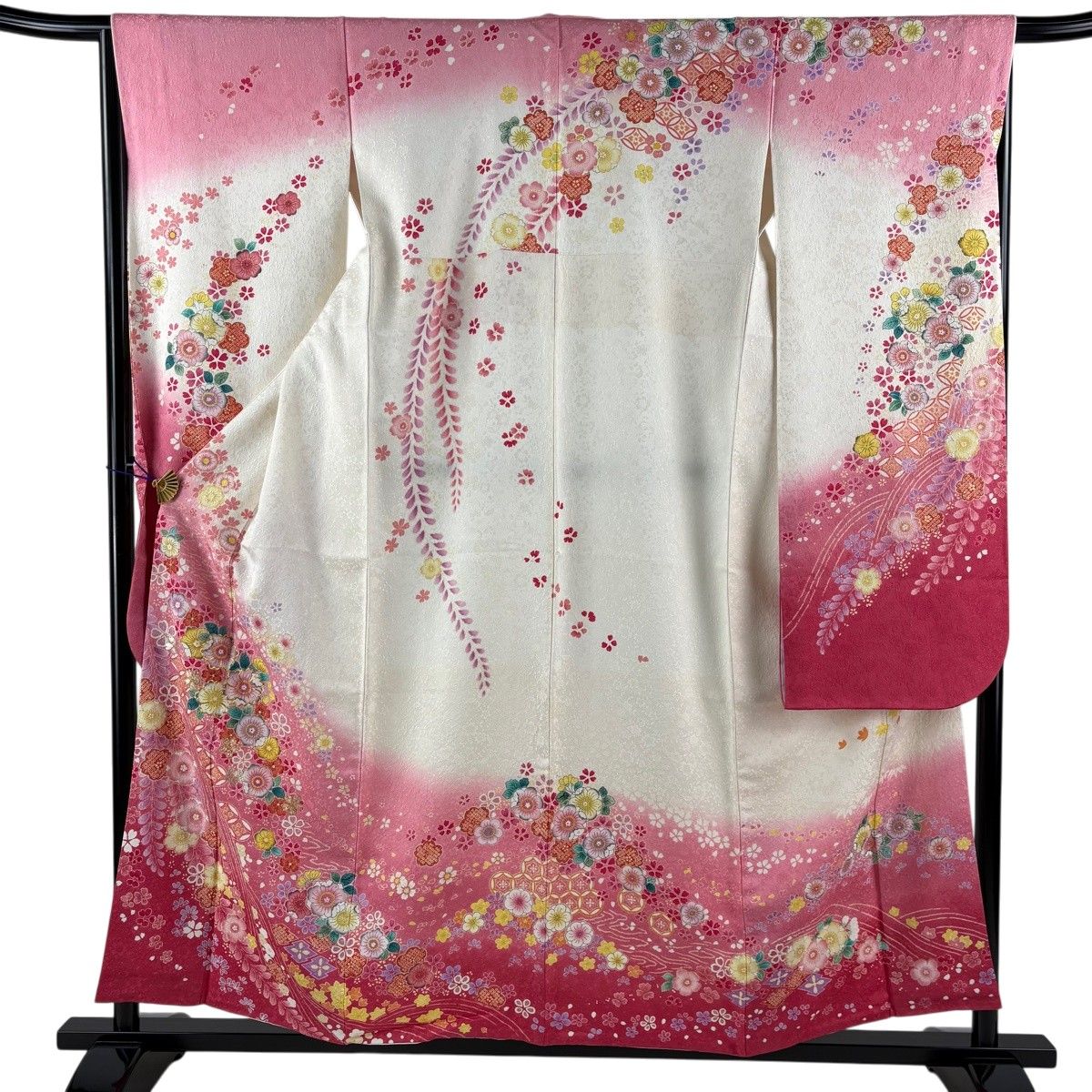 【美品】 振袖 身丈157.5cm 裄丈66cm M 袷 草花 七宝 金通し 箔 クリーム 正絹 名品 【中古】