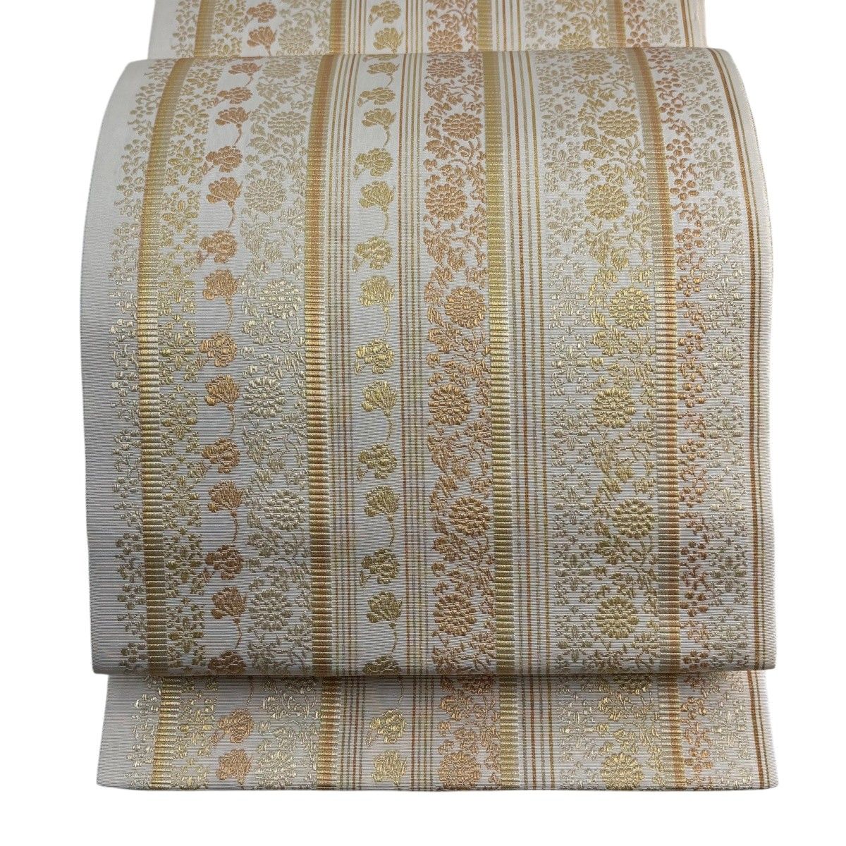 袋帯 名品 落款 菊 縞 金糸 ベージュ 全通 正絹 【中古】 9,936円